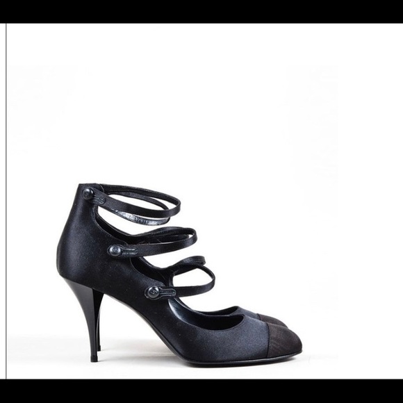 Chanel cap toe satin 3 strap heels - Picture 1 of 7